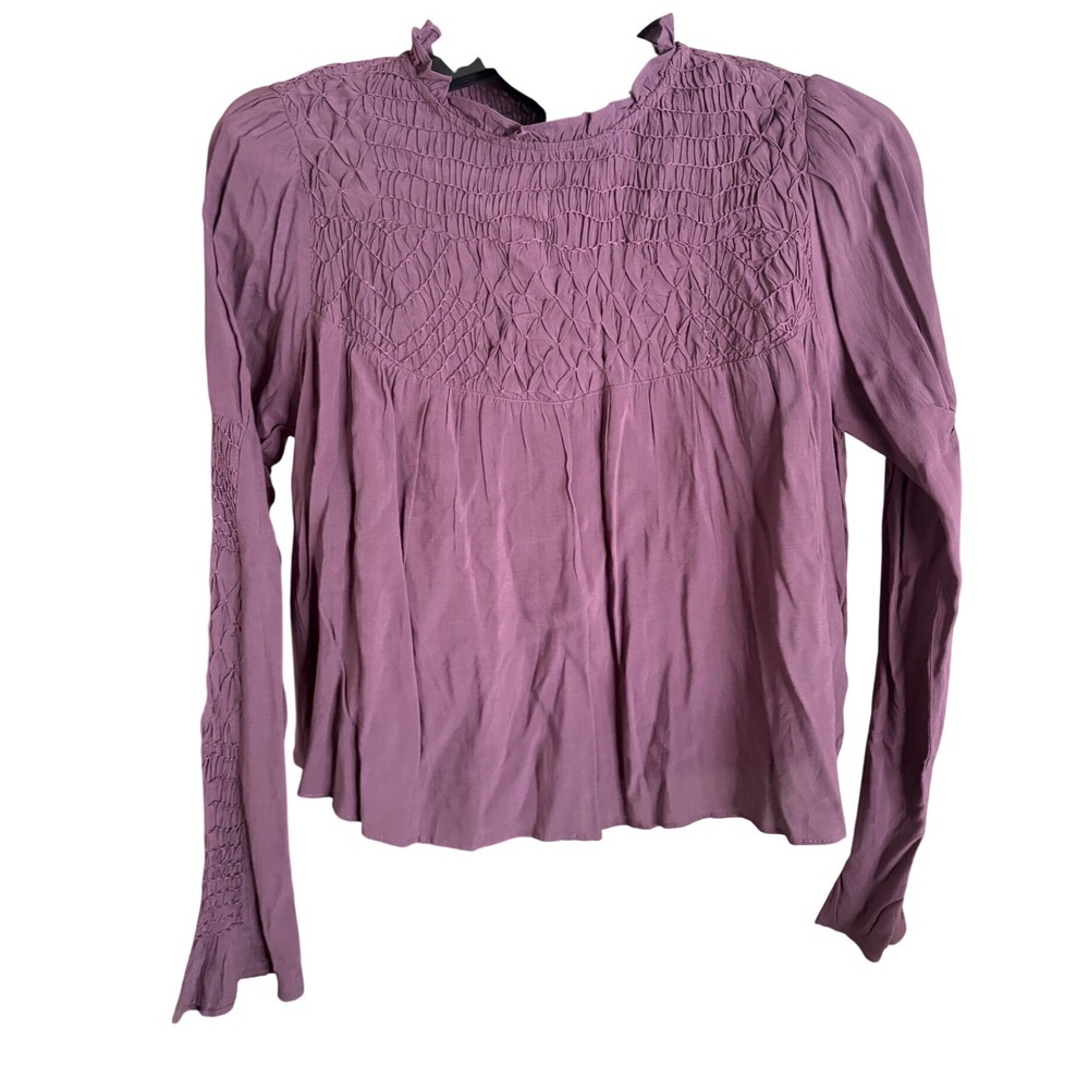 Free People Smocked In Time Boho Purple Pullover Top Long Sleeve XS - Picture 2 of 12